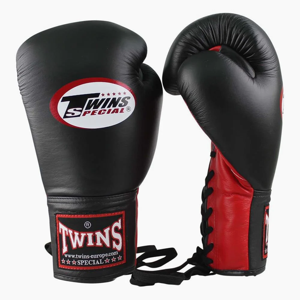 Rękawice do Muay Thai Twins Special BGLL-1 Czarny-Czerwony z Sznurówki  - Image 2