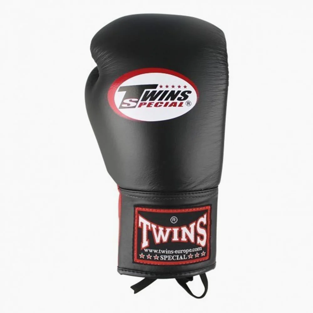 Rękawice do Muay Thai Twins Special BGLL-1 Czarny-Czerwony z Sznurówki  - Image 3